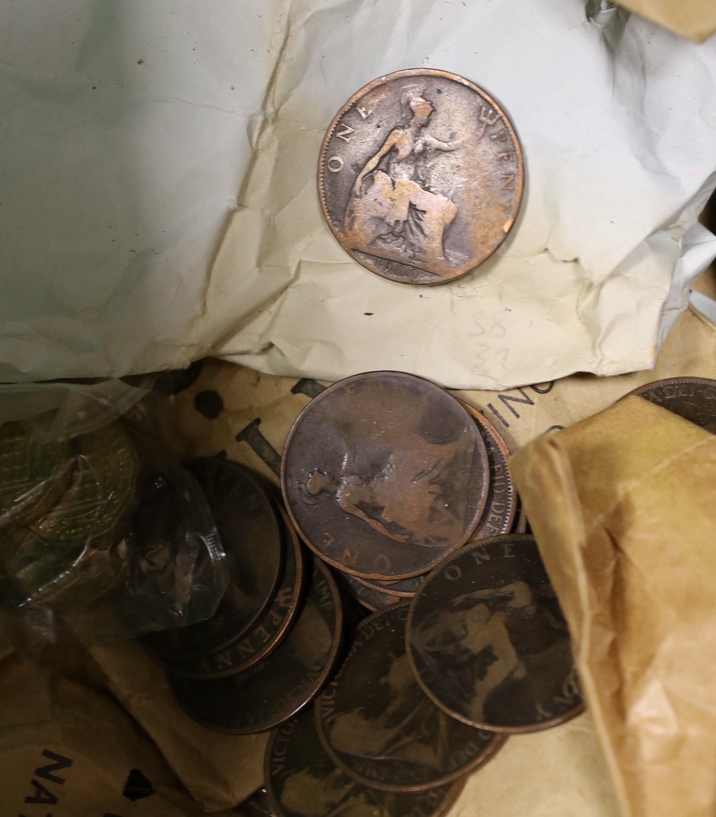 UK coins, a large quantity of Victoria to QEII pennies, two bags